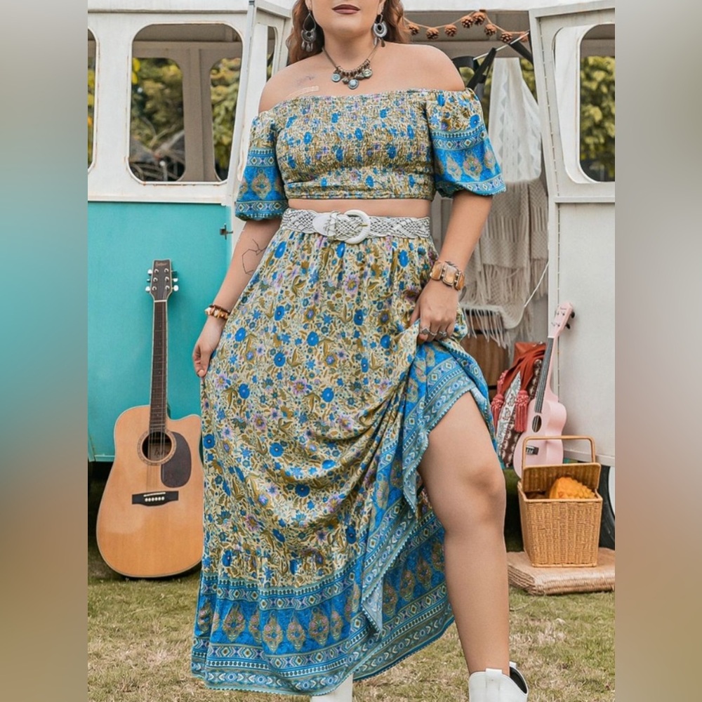 Plus size off shoulder top maxi skirt two piece skirt set - Picture 5 of 7
